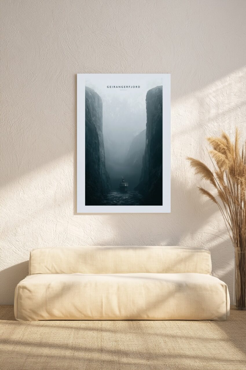 Fotografie Poster Fjord Nebel Schiff maritim blau grau