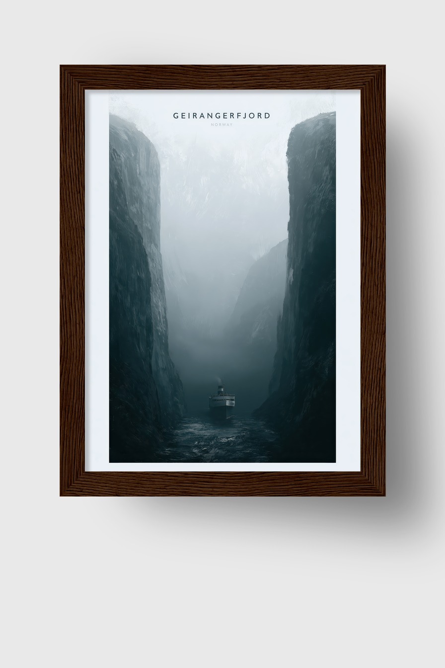 Fotografie Poster Fjord Nebel Schiff maritim blau grau