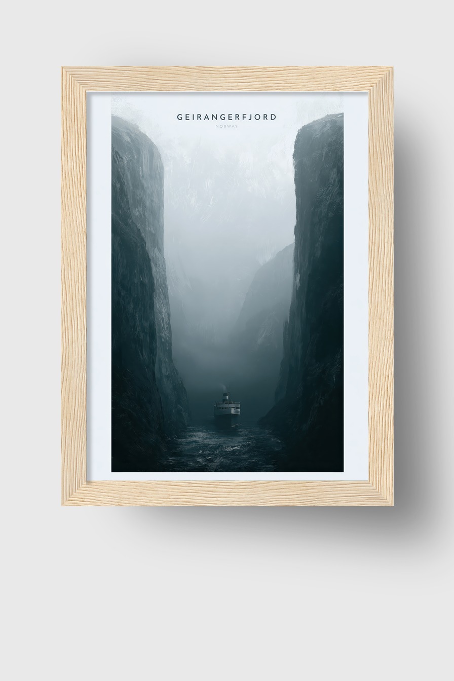Fotografie Poster Fjord Nebel Schiff maritim blau grau