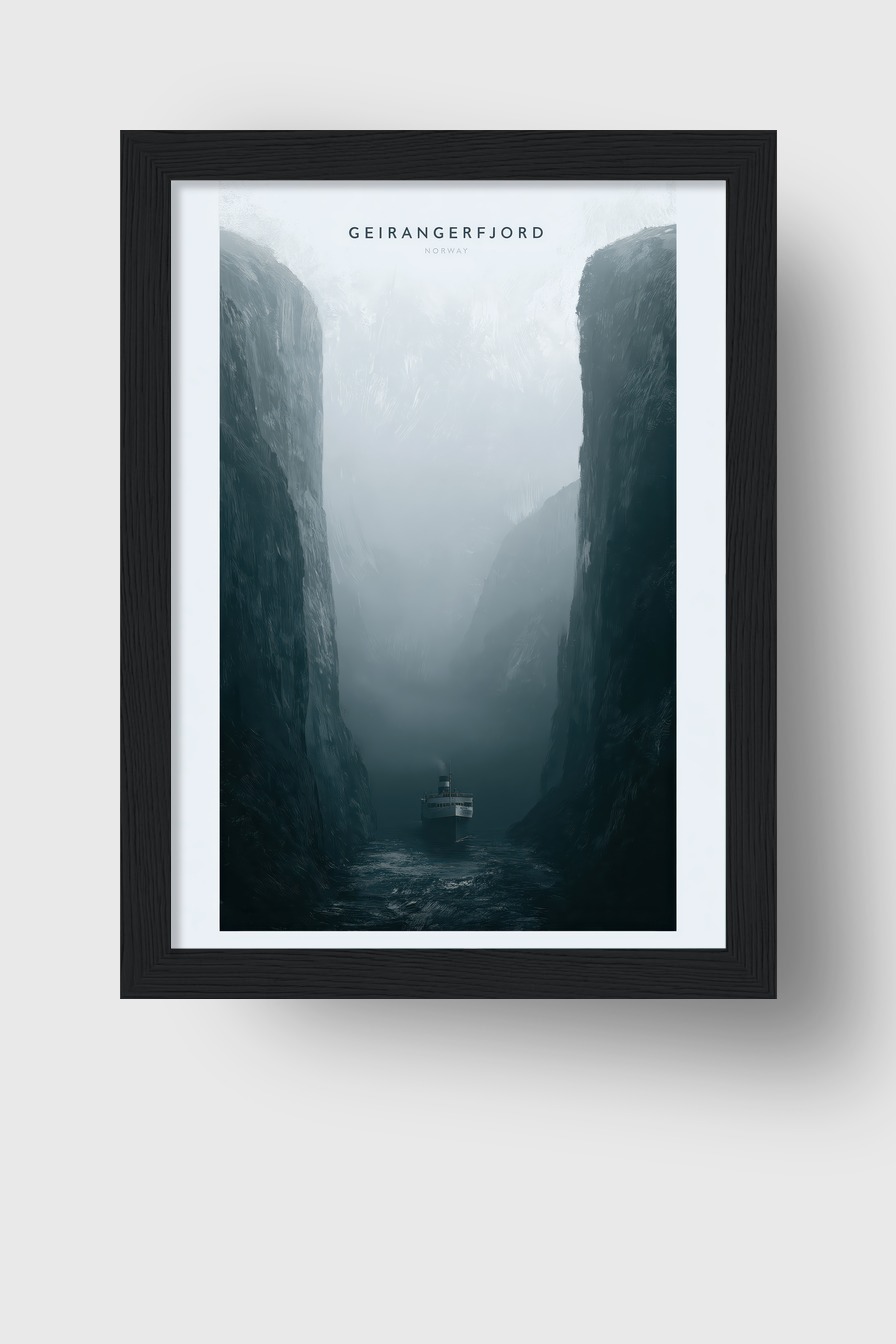 Fotografie Poster Fjord Nebel Schiff maritim blau grau