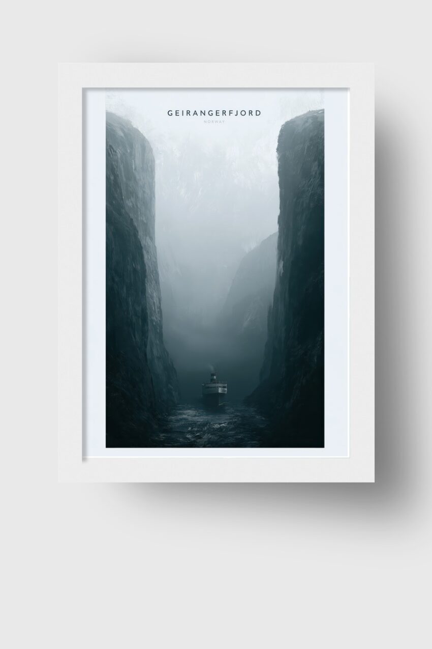 Fotografie Poster Fjord Nebel Schiff maritim blau grau