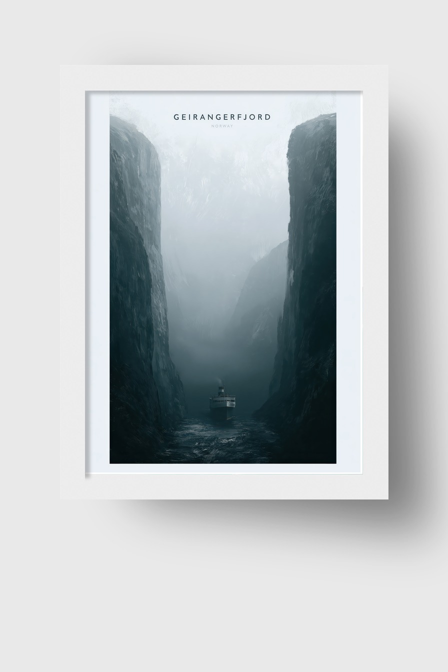 Fotografie Poster Fjord Nebel Schiff maritim blau grau