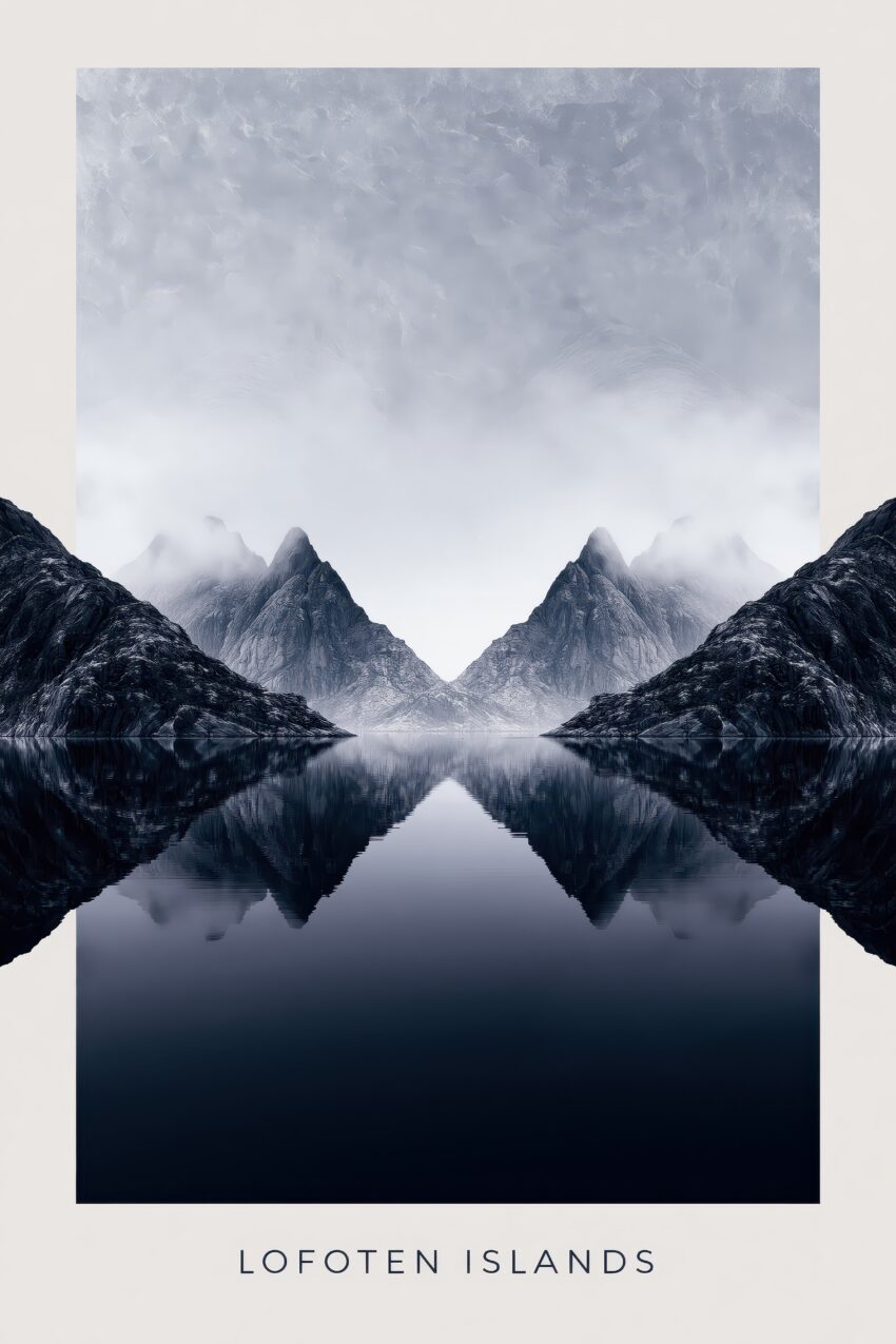 Fotografie Poster Lofoten Spiegelung Berge blau grau