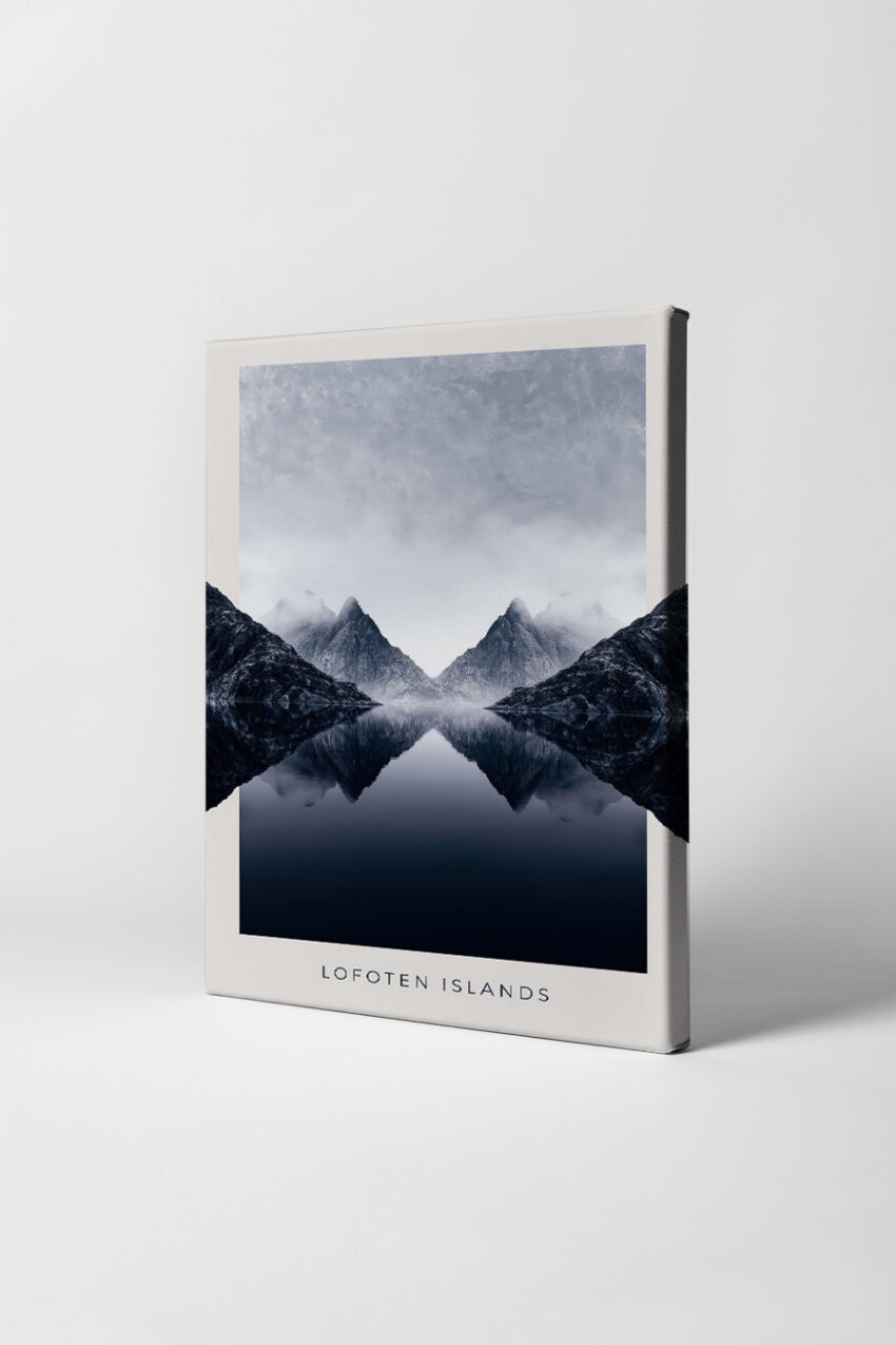 Fotografie Poster Lofoten Spiegelung Berge blau grau