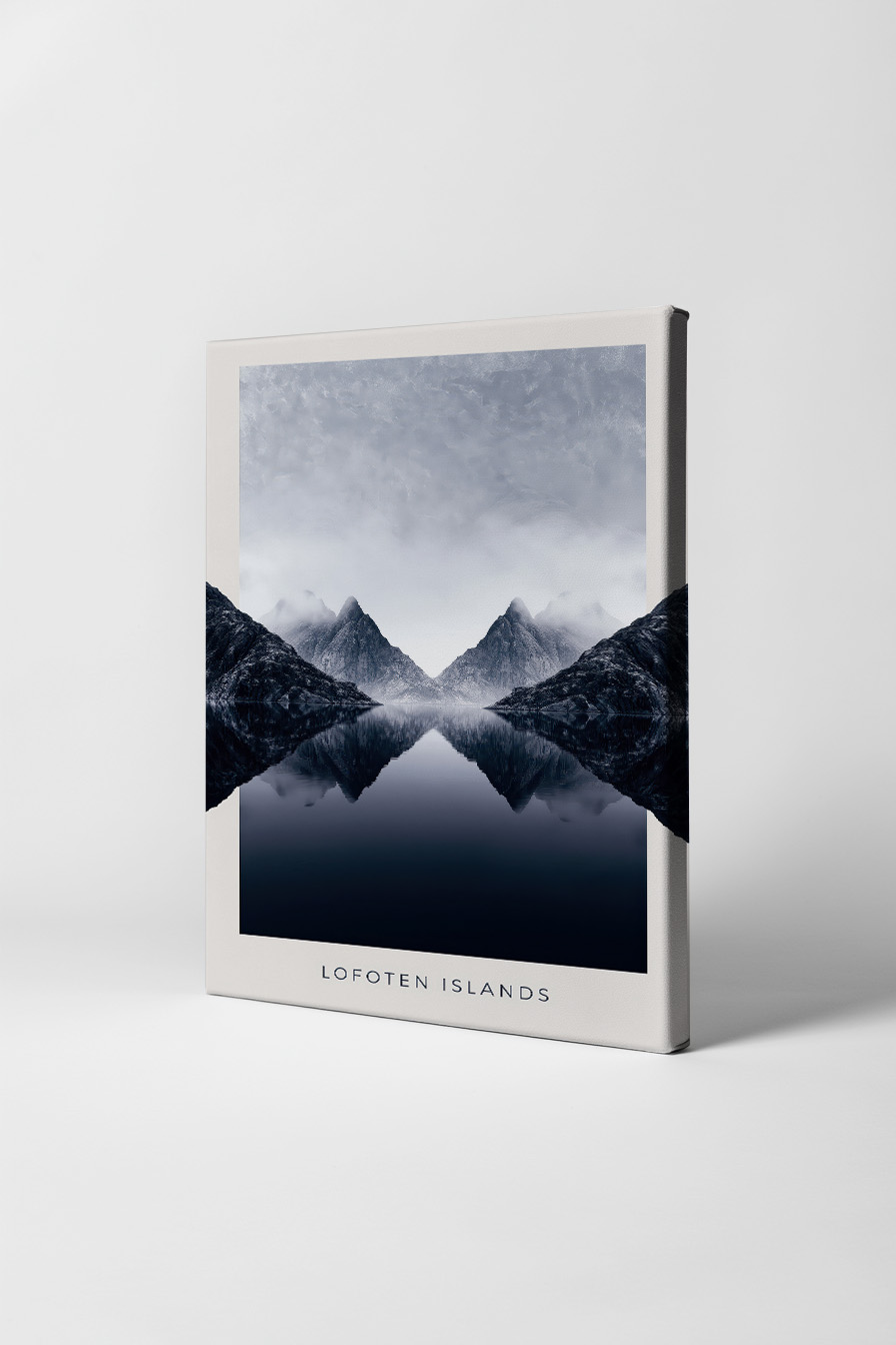 Fotografie Poster Lofoten Spiegelung Berge blau grau