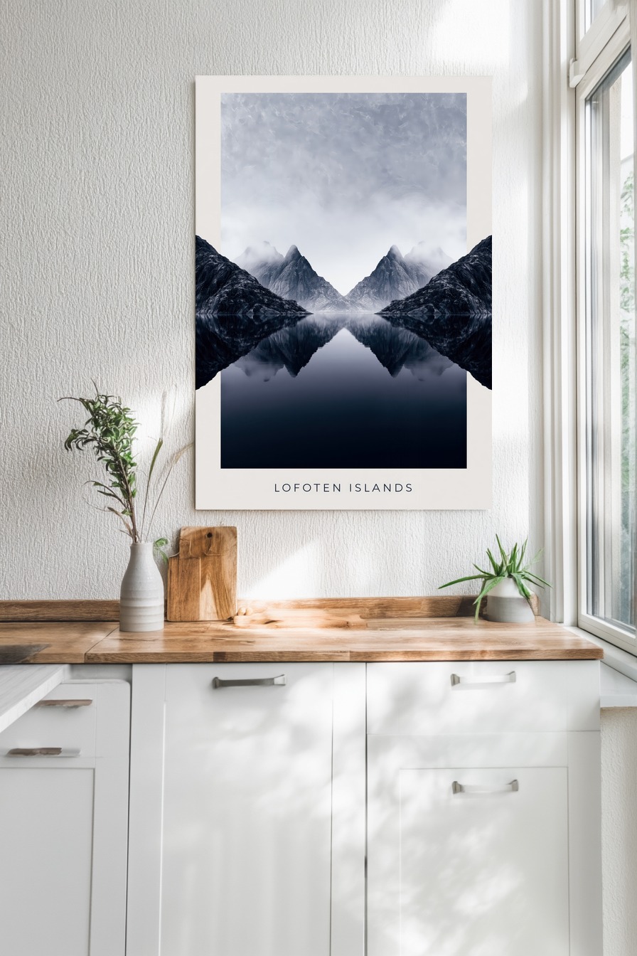 Fotografie Poster Lofoten Spiegelung Berge blau grau