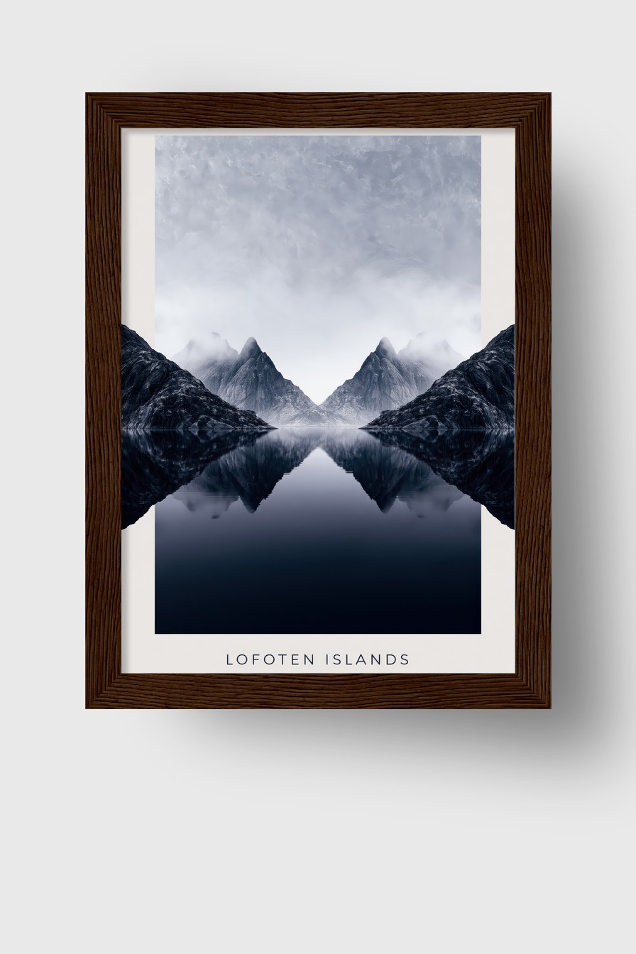 Fotografie Poster Lofoten Spiegelung Berge blau grau