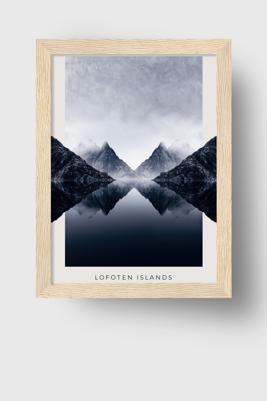 Fotografie Poster Lofoten Spiegelung Berge blau grau