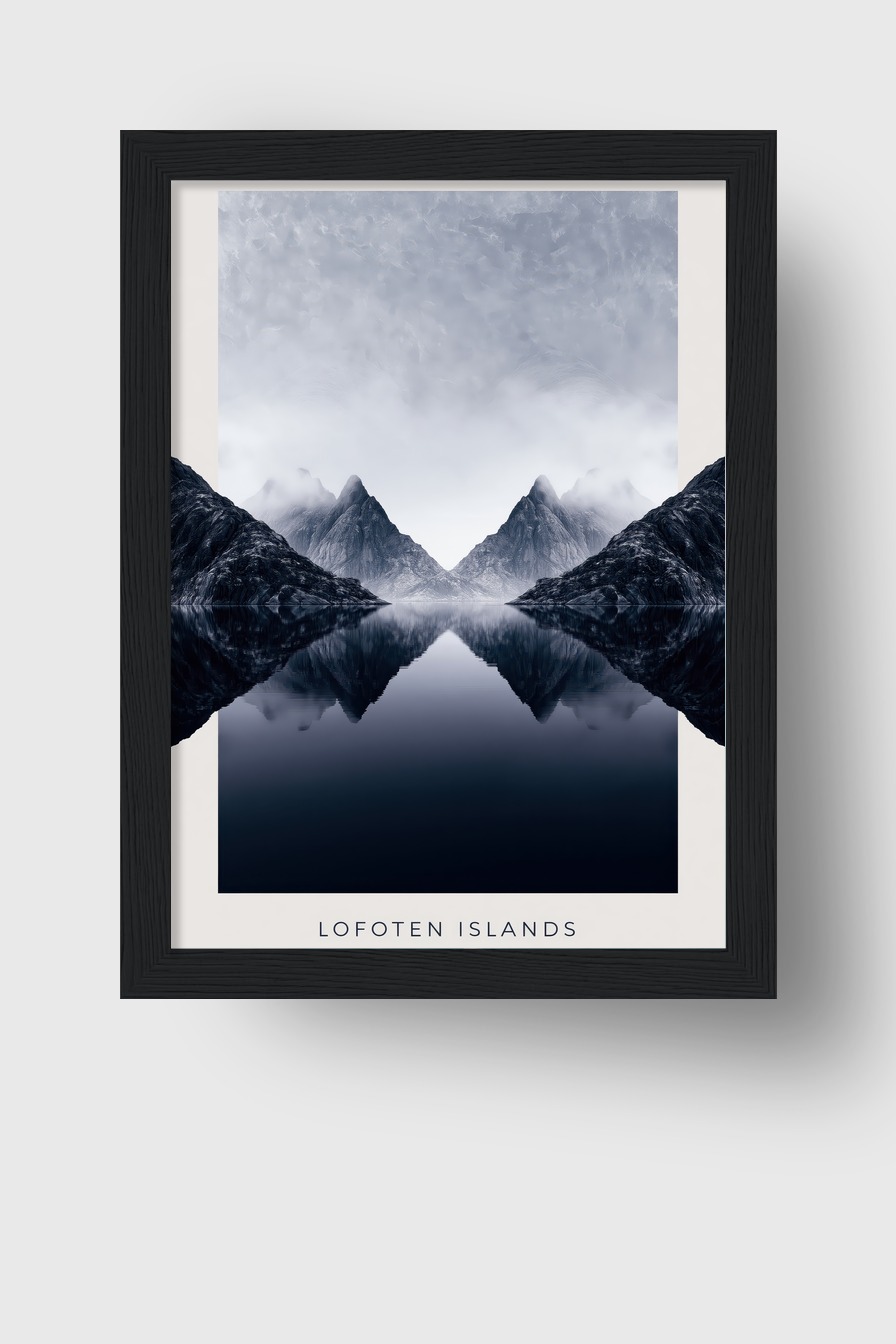Fotografie Poster Lofoten Spiegelung Berge blau grau