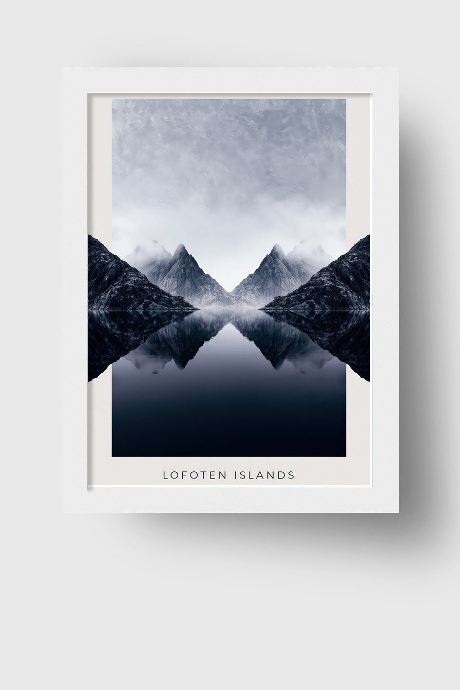 Fotografie Poster Lofoten Spiegelung Berge blau grau