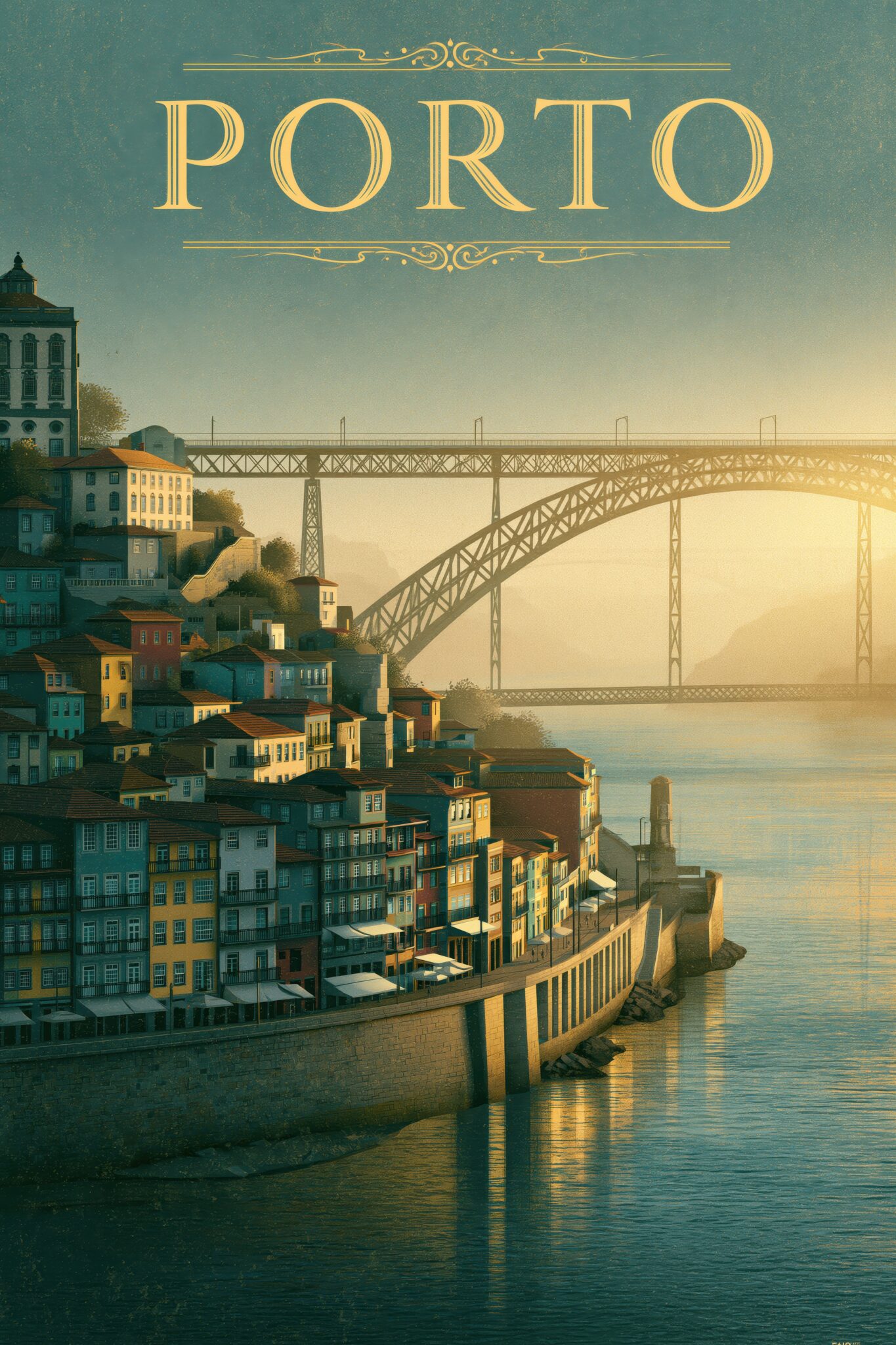Illustration Poster Porto Hafen Brücke urban blaß