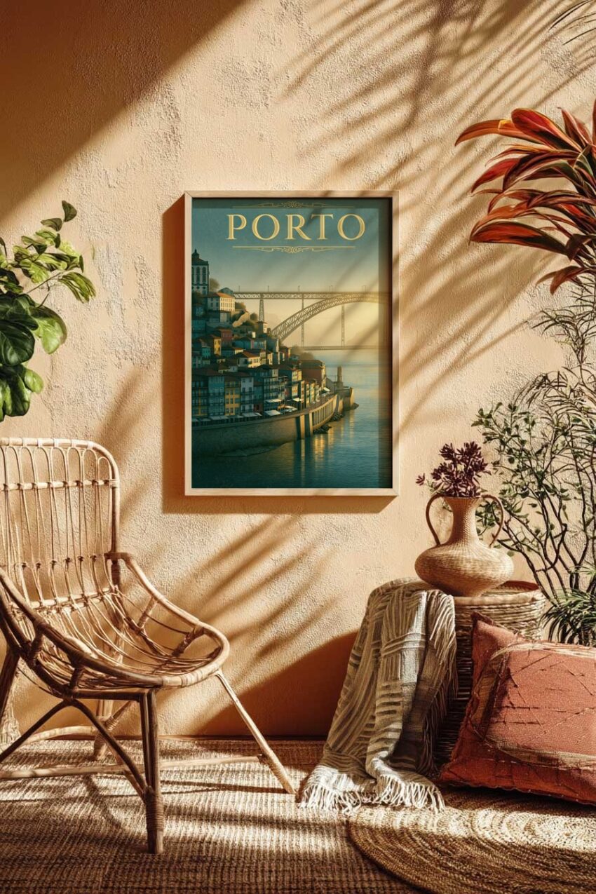 Illustration Poster Porto Hafen Brücke urban blaß