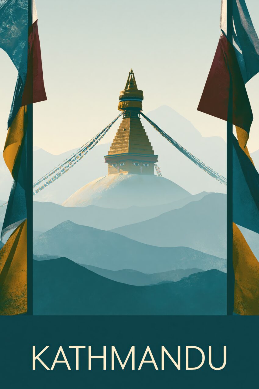 Illustration Poster Stupa Gebetsfahnen Himalaya minimalistisch blau