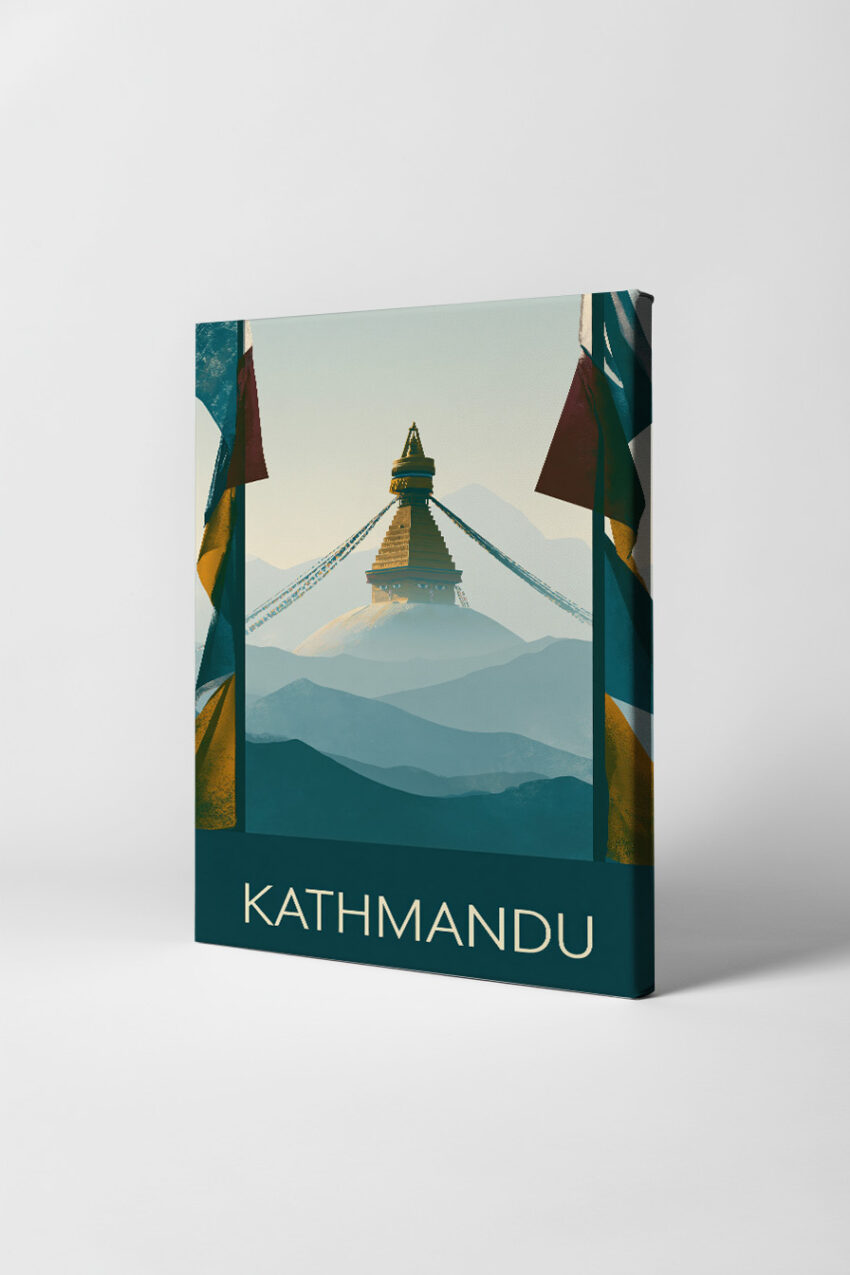 Illustration Poster Stupa Gebetsfahnen Himalaya minimalistisch blau