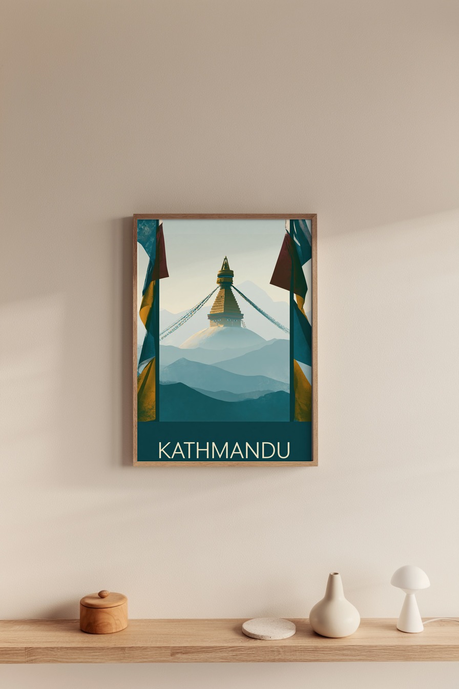 Illustration Poster Stupa Gebetsfahnen Himalaya minimalistisch blau