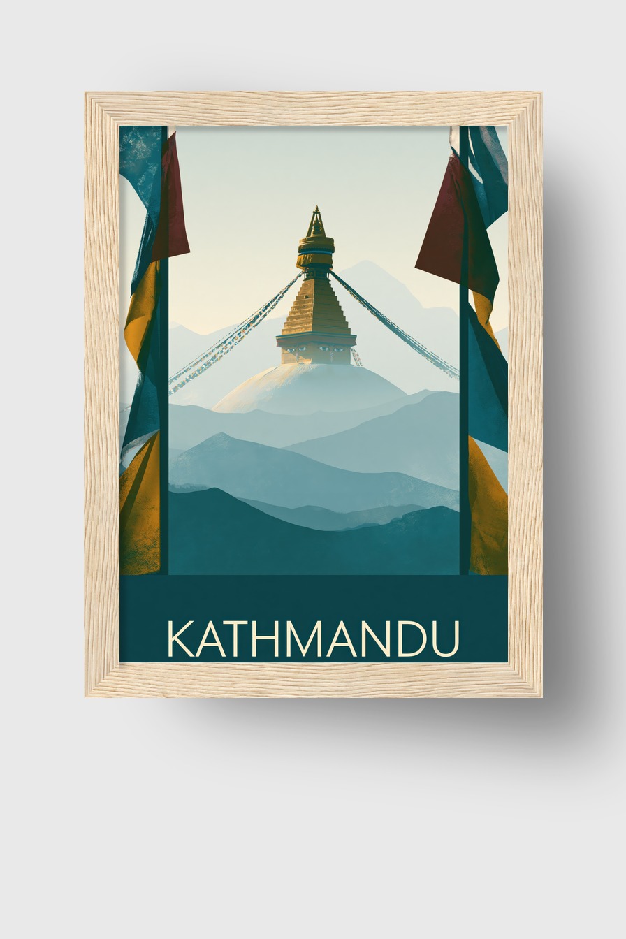 Illustration Poster Stupa Gebetsfahnen Himalaya minimalistisch blau