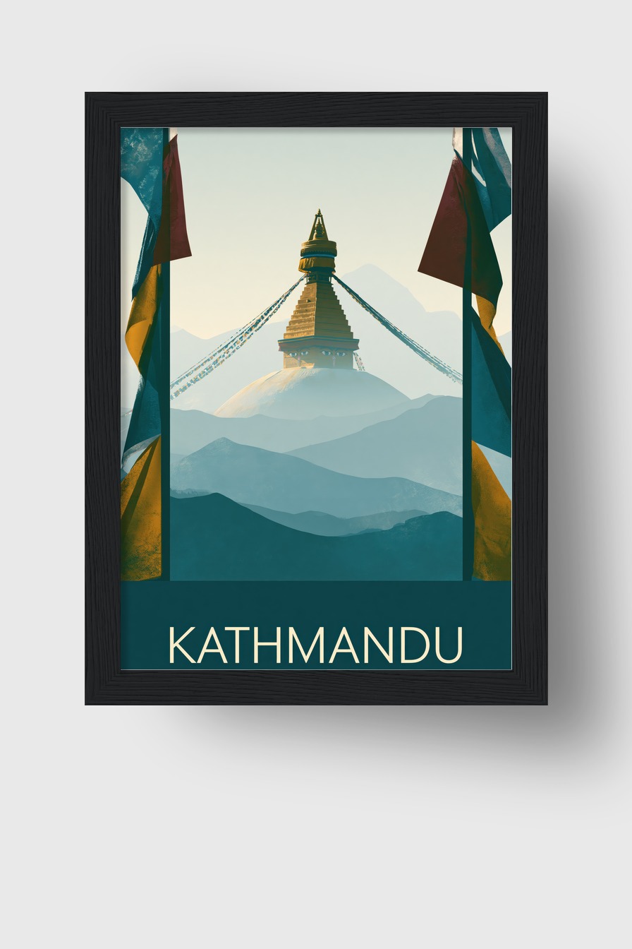 Illustration Poster Stupa Gebetsfahnen Himalaya minimalistisch blau