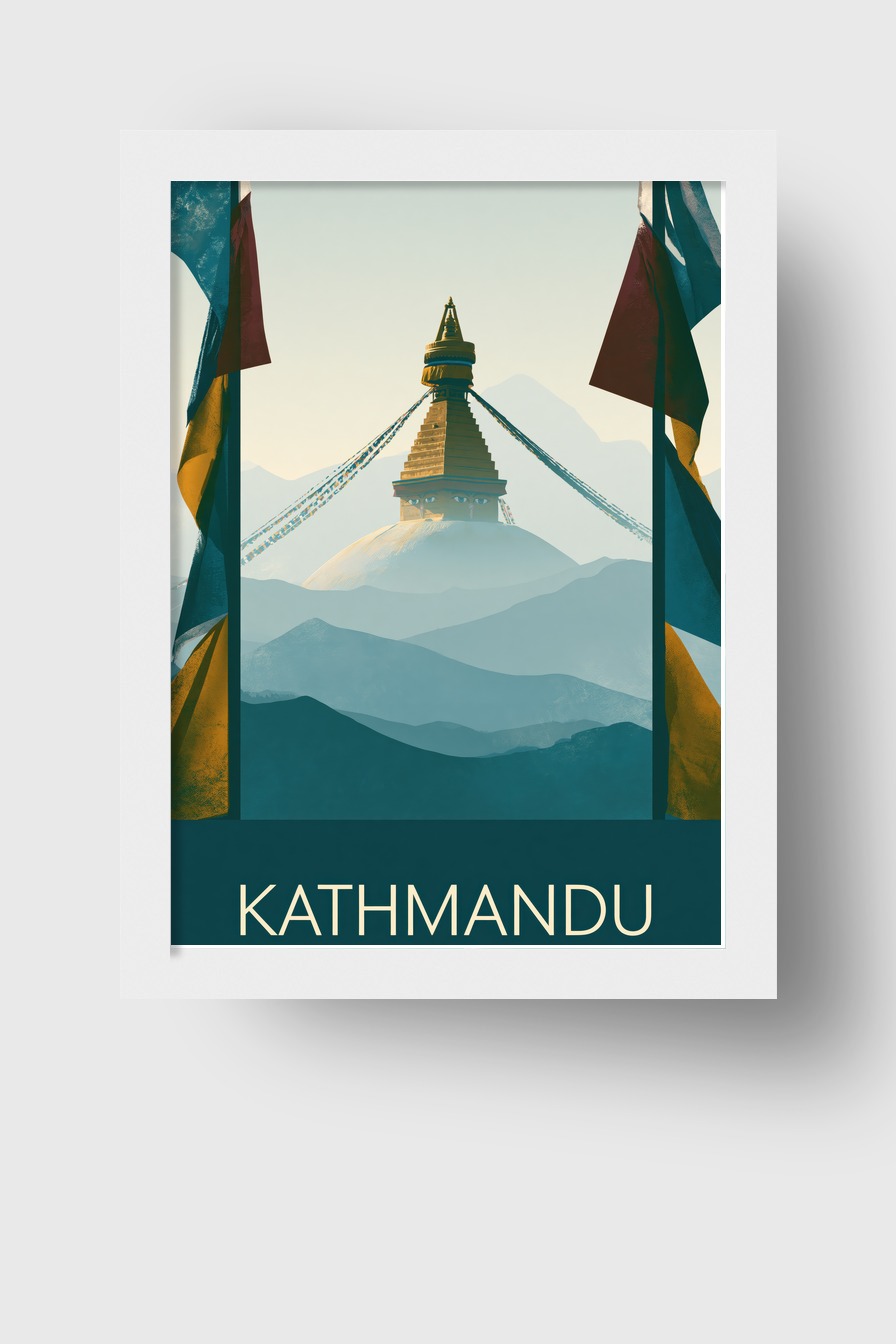 Illustration Poster Stupa Gebetsfahnen Himalaya minimalistisch blau