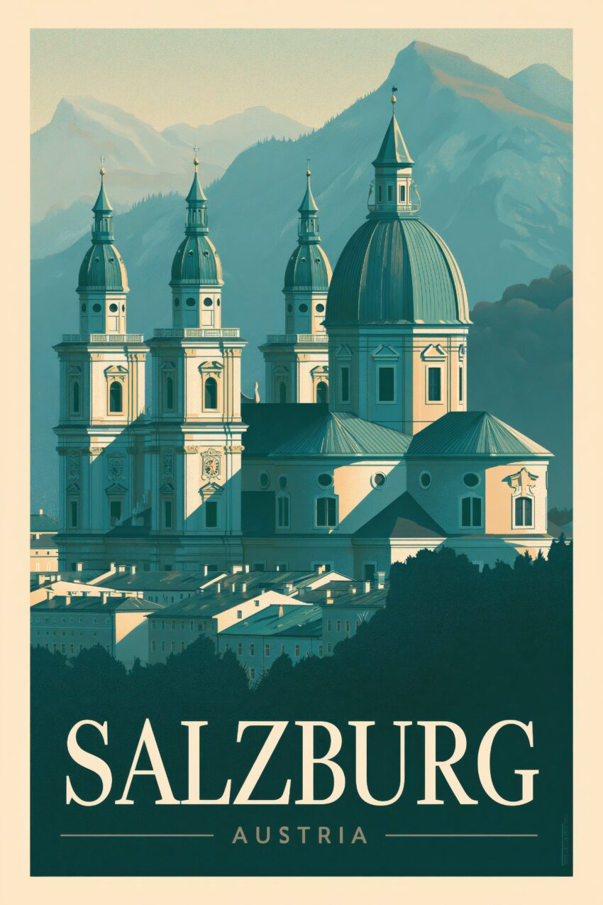 Illustration Poster Salzburg Dom Bergpanorama minimal