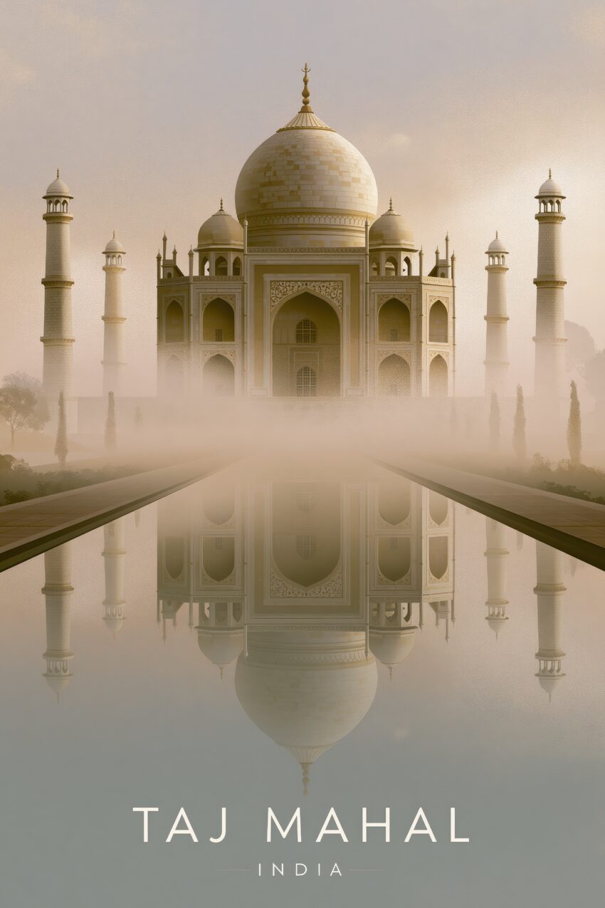 Fotografie Poster Taj Mahal Morgennebel Reflexion Symmetrisch beige