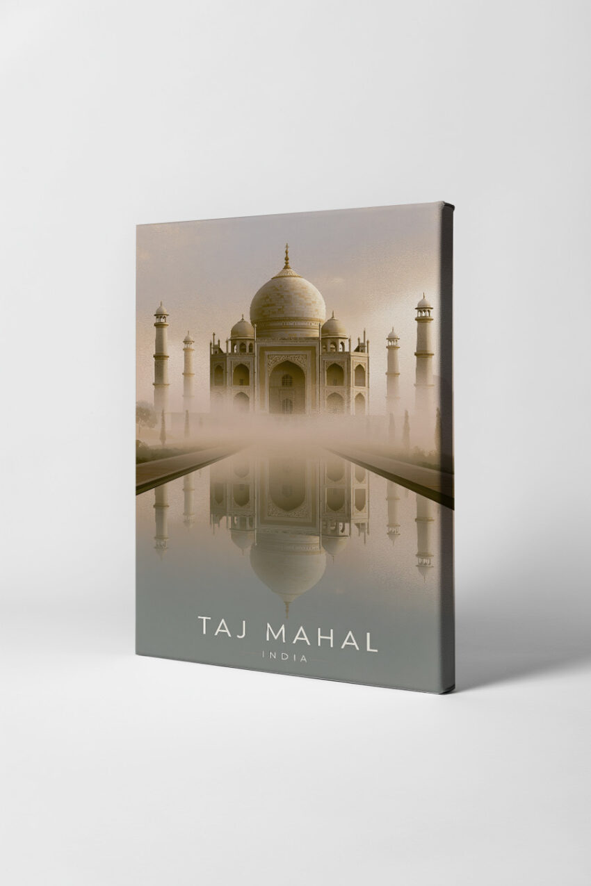 Fotografie Poster Taj Mahal Morgennebel Reflexion Symmetrisch beige