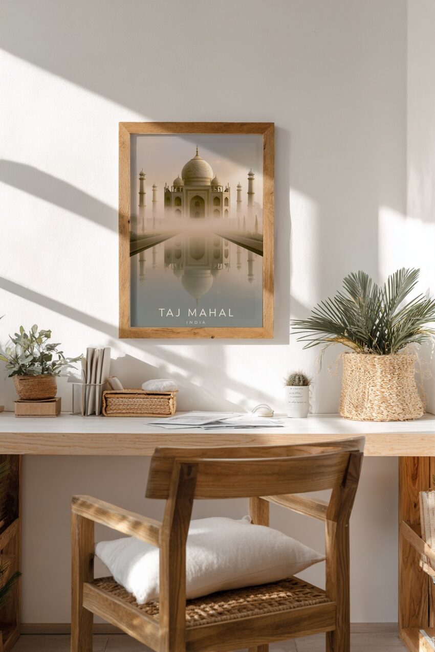 Fotografie Poster Taj Mahal Morgennebel Reflexion Symmetrisch beige