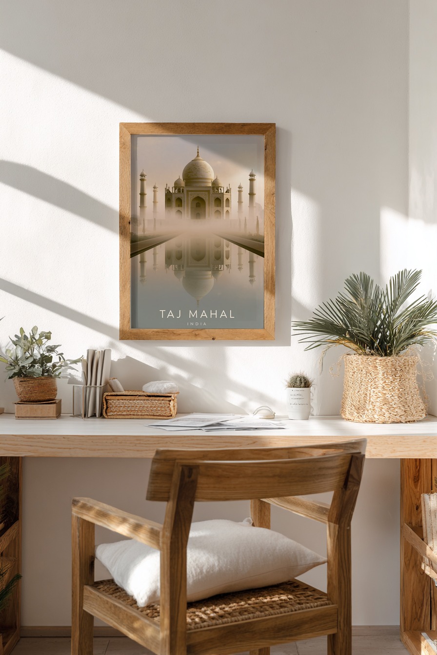 Fotografie Poster Taj Mahal Morgennebel Reflexion Symmetrisch beige