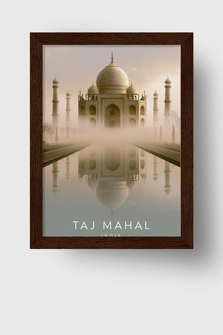 Fotografie Poster Taj Mahal Morgennebel Reflexion Symmetrisch beige