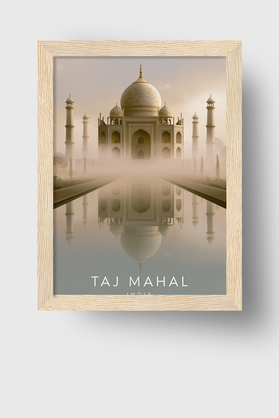 Fotografie Poster Taj Mahal Morgennebel Reflexion Symmetrisch beige
