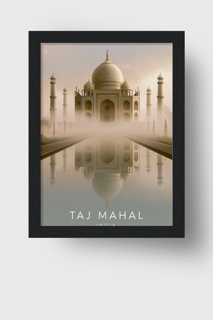 Fotografie Poster Taj Mahal Morgennebel Reflexion Symmetrisch beige