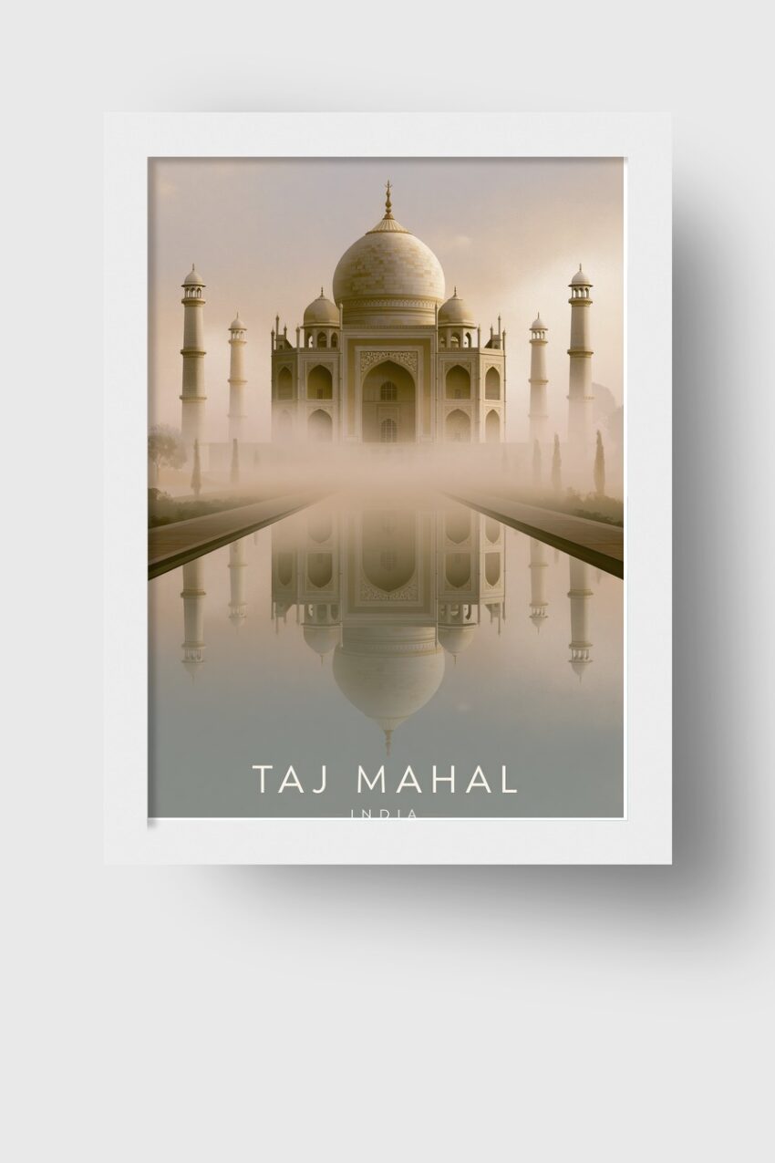 Fotografie Poster Taj Mahal Morgennebel Reflexion Symmetrisch beige