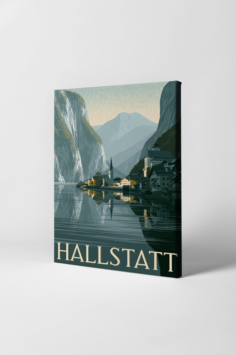 Digitale Kunst Poster Hallstatt Dorf Bergsee Spiegelung