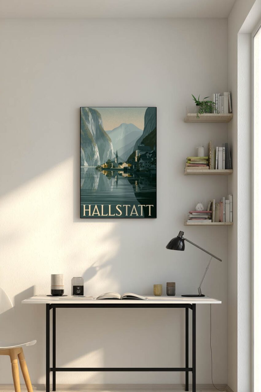 Digitale Kunst Poster Hallstatt Dorf Bergsee Spiegelung
