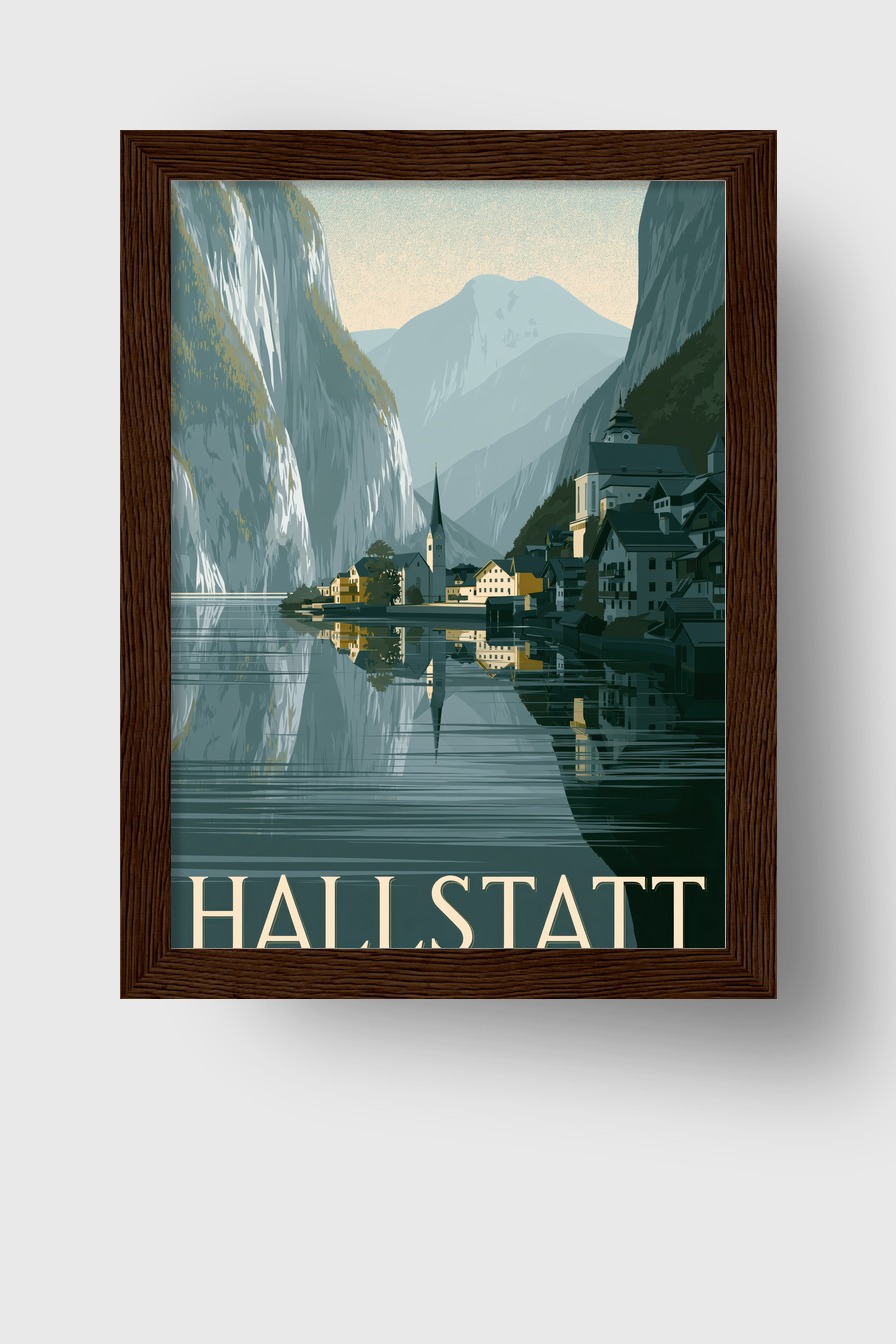 Digitale Kunst Poster Hallstatt Dorf Bergsee Spiegelung