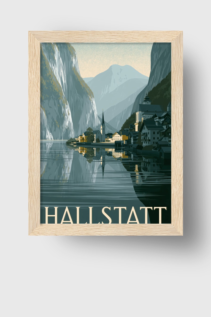 Digitale Kunst Poster Hallstatt Dorf Bergsee Spiegelung