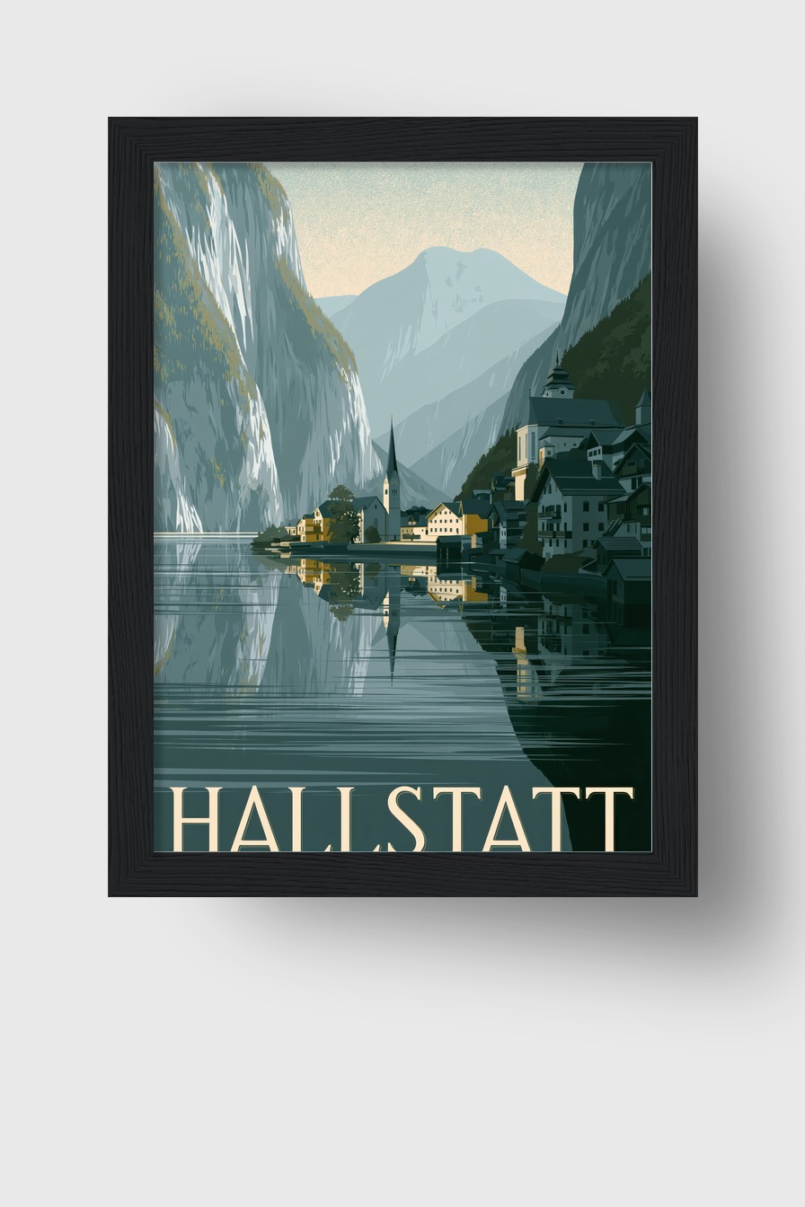 Digitale Kunst Poster Hallstatt Dorf Bergsee Spiegelung