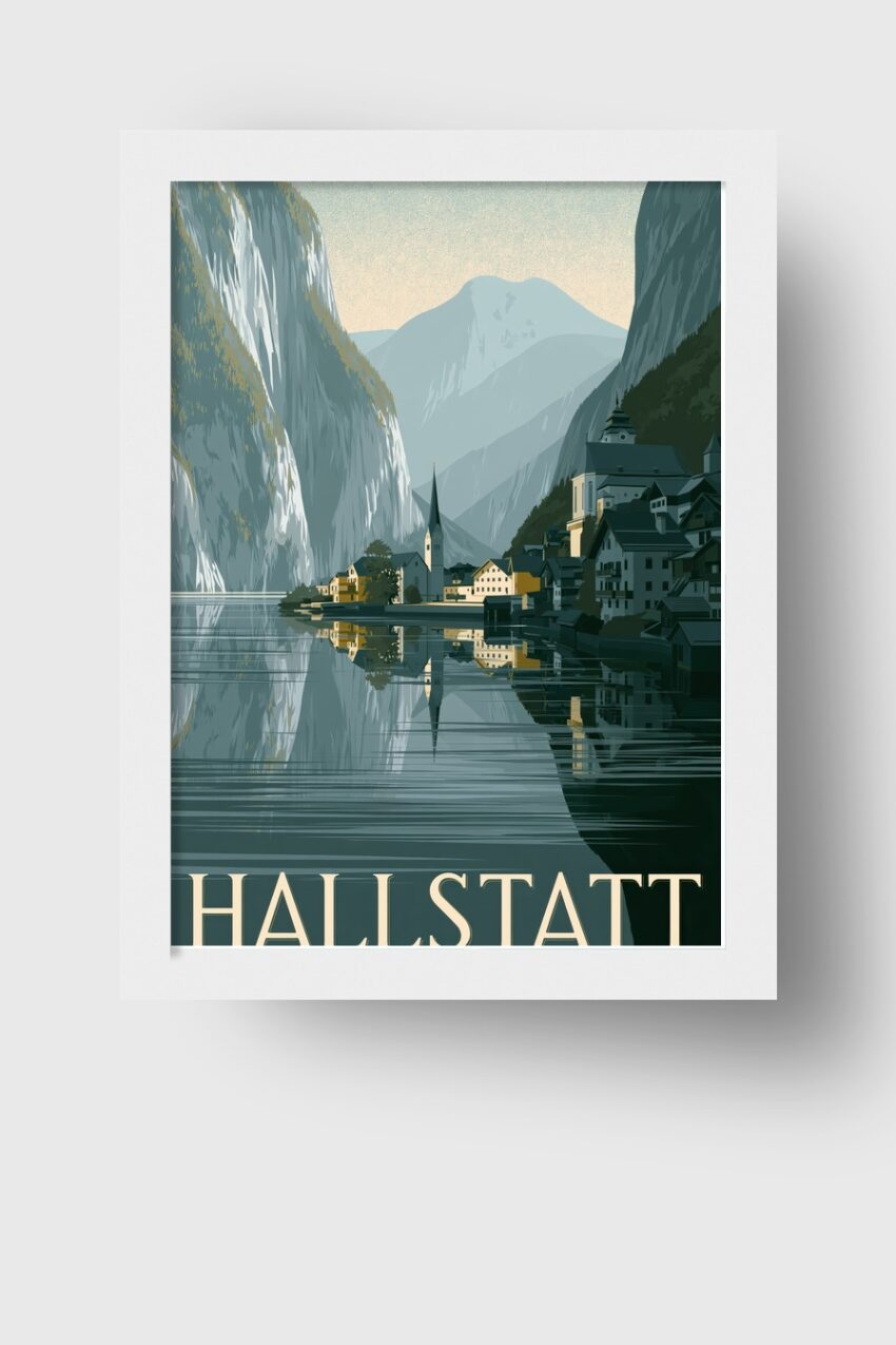 Digitale Kunst Poster Hallstatt Dorf Bergsee Spiegelung