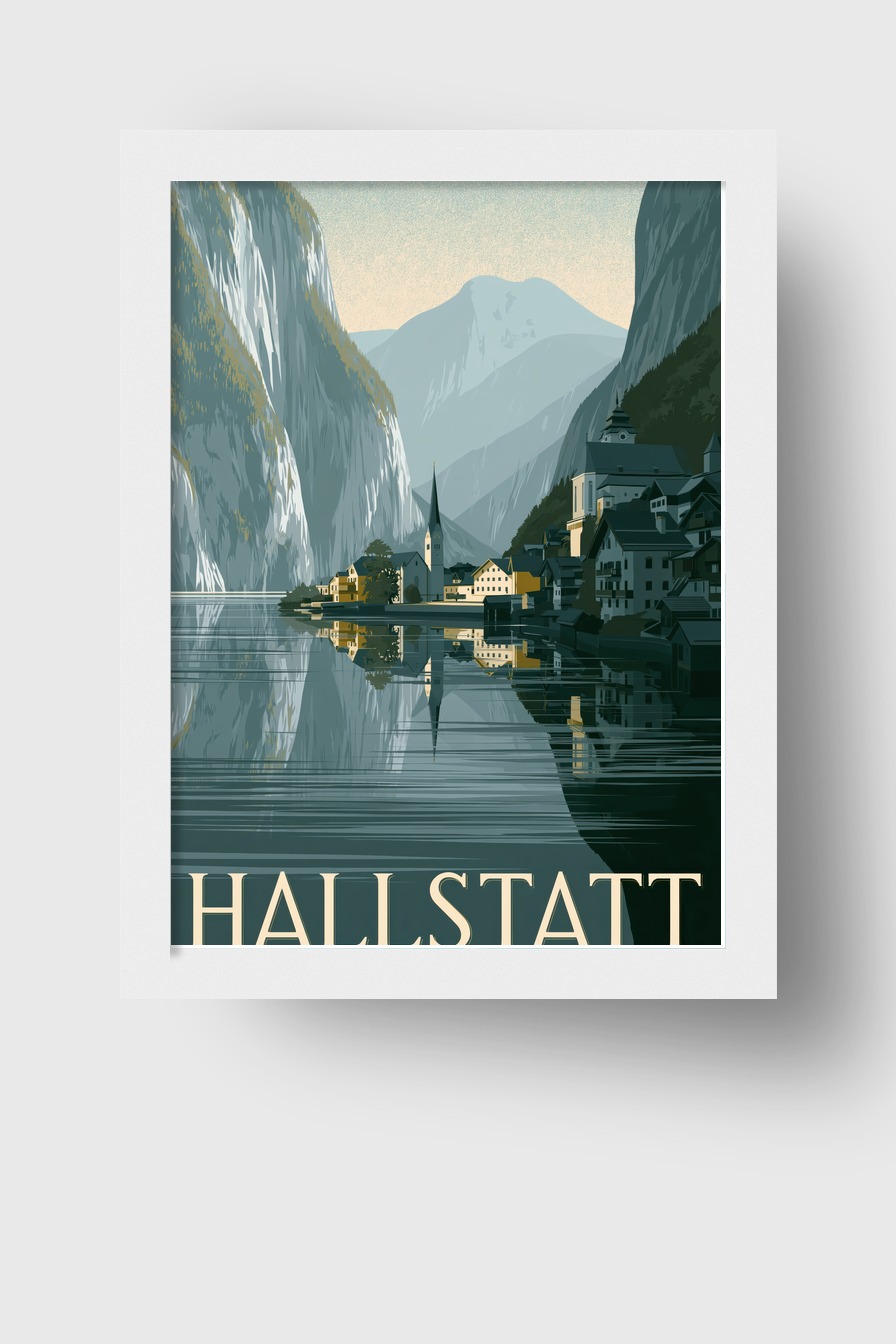 Digitale Kunst Poster Hallstatt Dorf Bergsee Spiegelung