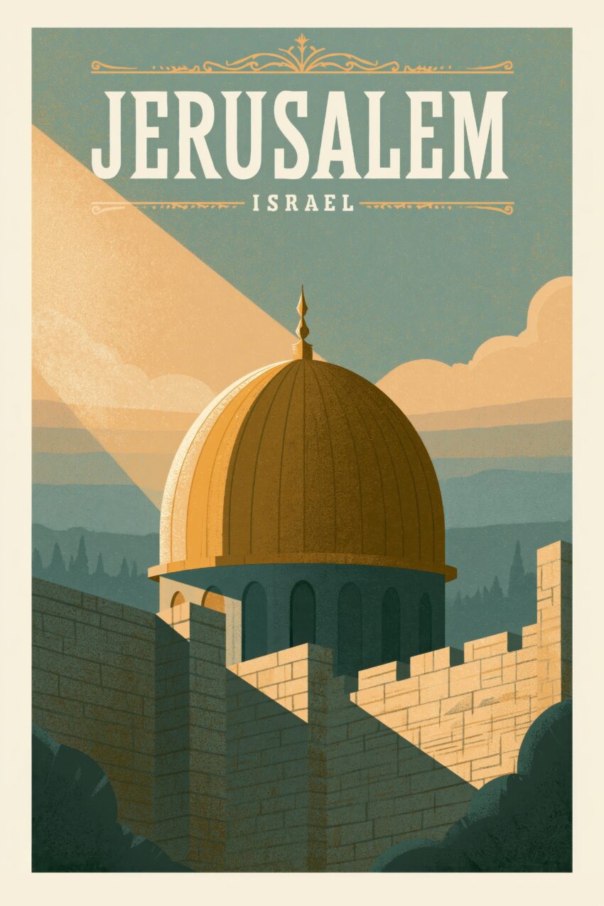 Illustration Poster Kuppel Jerusalem Architektur reduziert gold