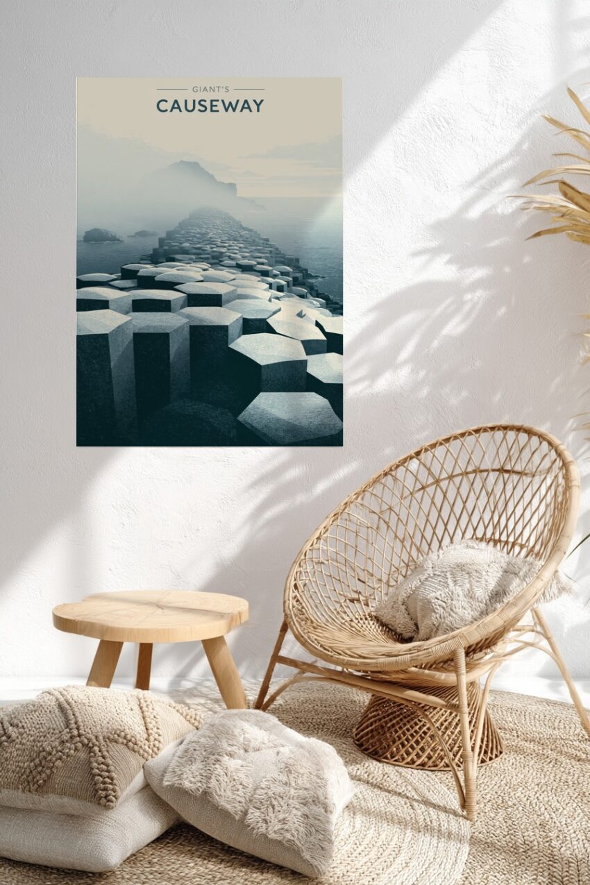 Illustration Poster Basaltformation Küste neblig blau grau