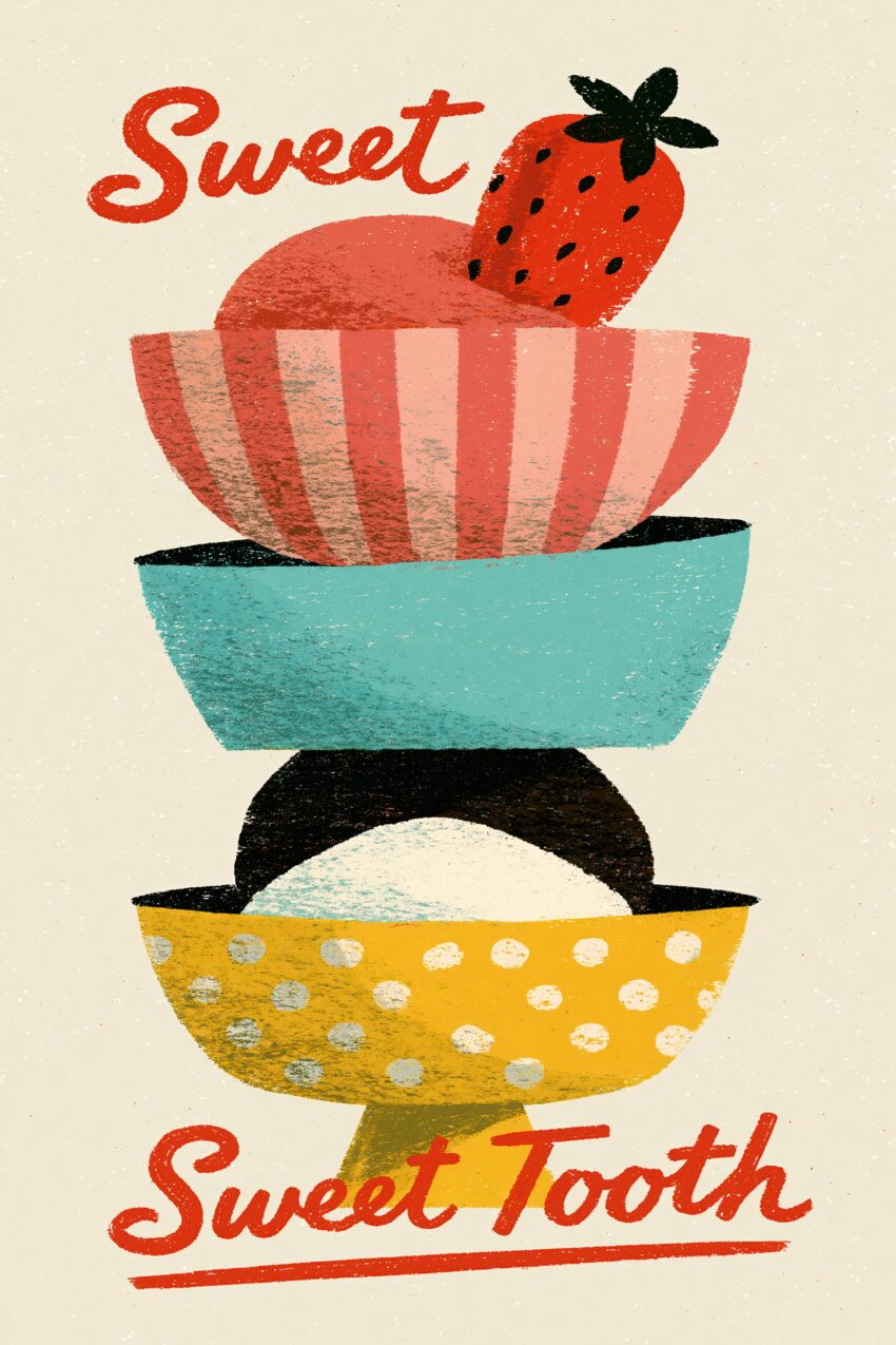 Illustration Poster Eis Eiswaffel Erdbeere bunt retro