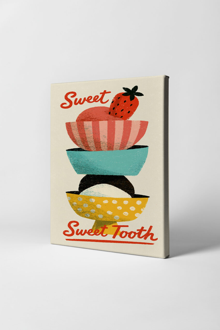 Illustration Poster Eis Eiswaffel Erdbeere bunt retro
