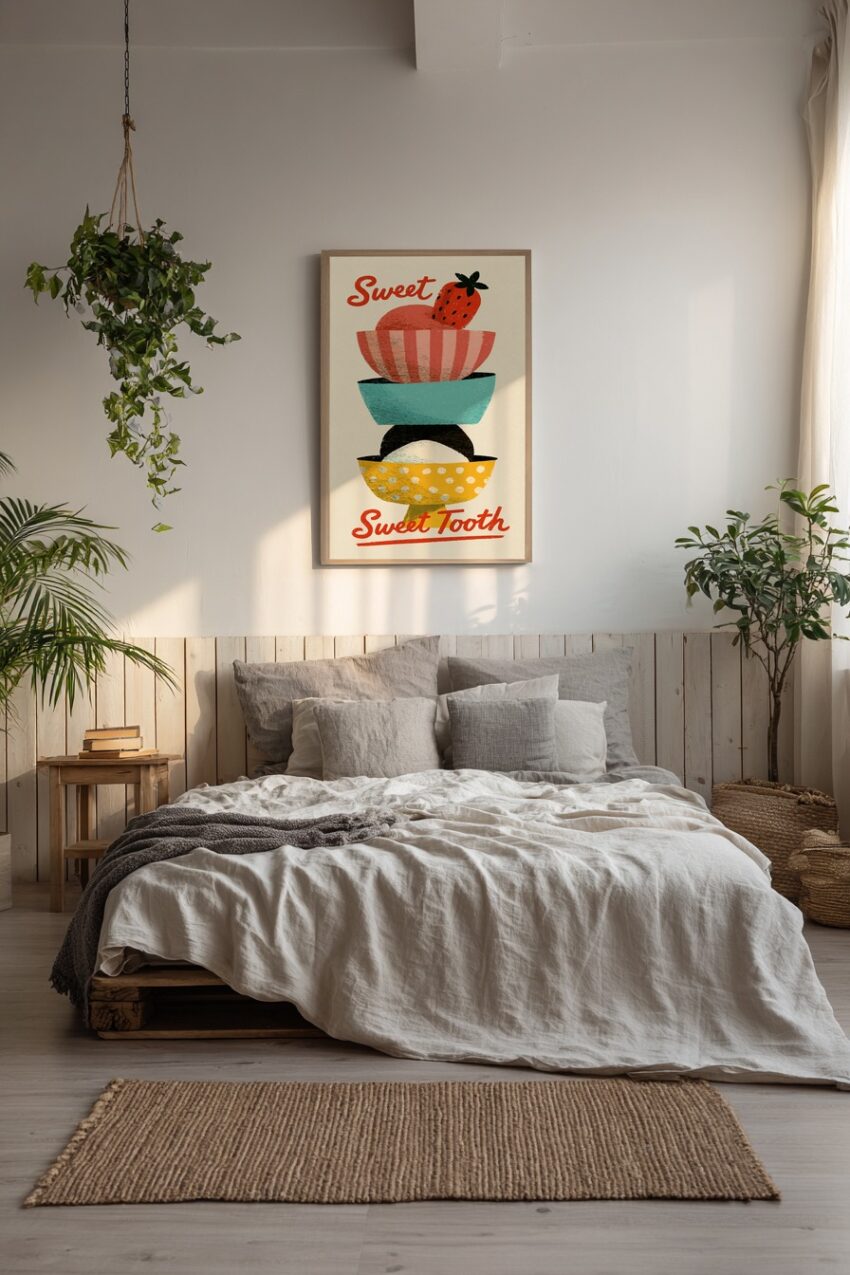 Illustration Poster Eis Eiswaffel Erdbeere bunt retro