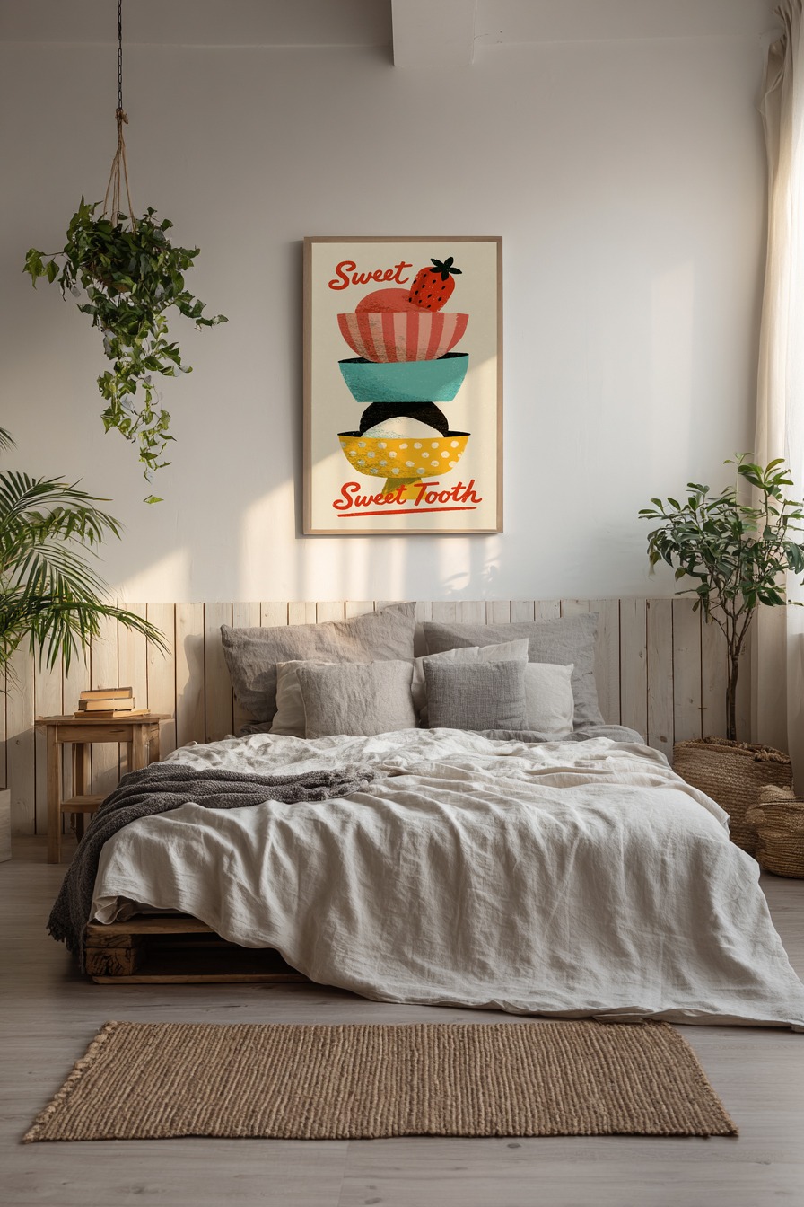 Illustration Poster Eis Eiswaffel Erdbeere bunt retro