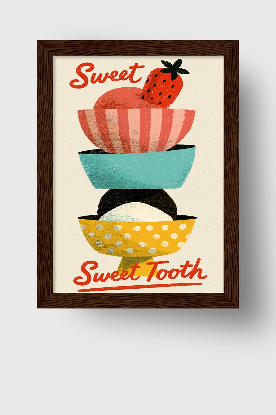Illustration Poster Eis Eiswaffel Erdbeere bunt retro