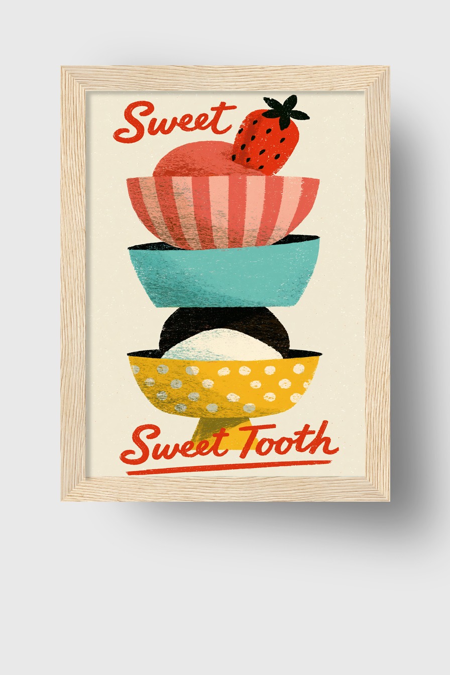 Illustration Poster Eis Eiswaffel Erdbeere bunt retro