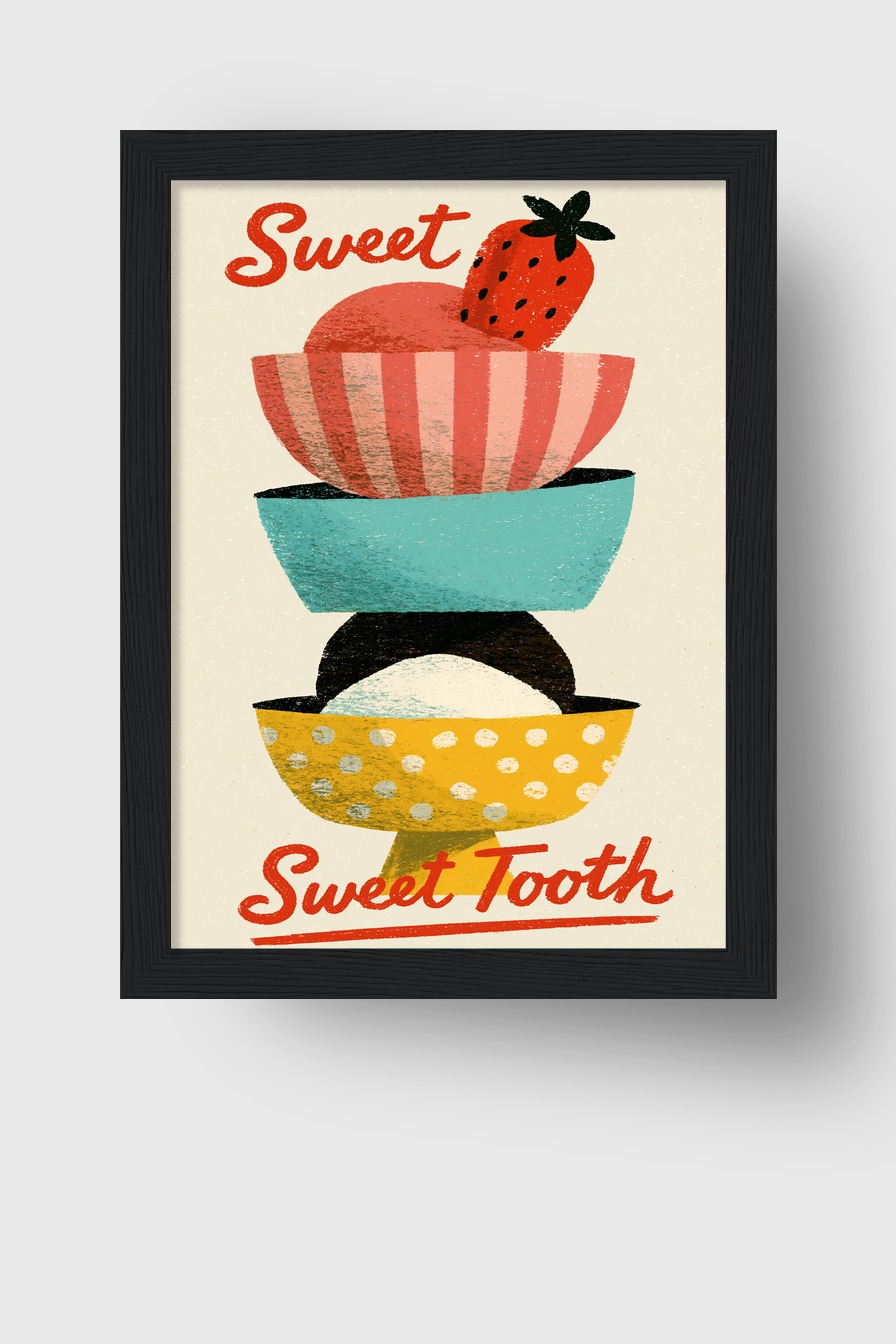 Illustration Poster Eis Eiswaffel Erdbeere bunt retro