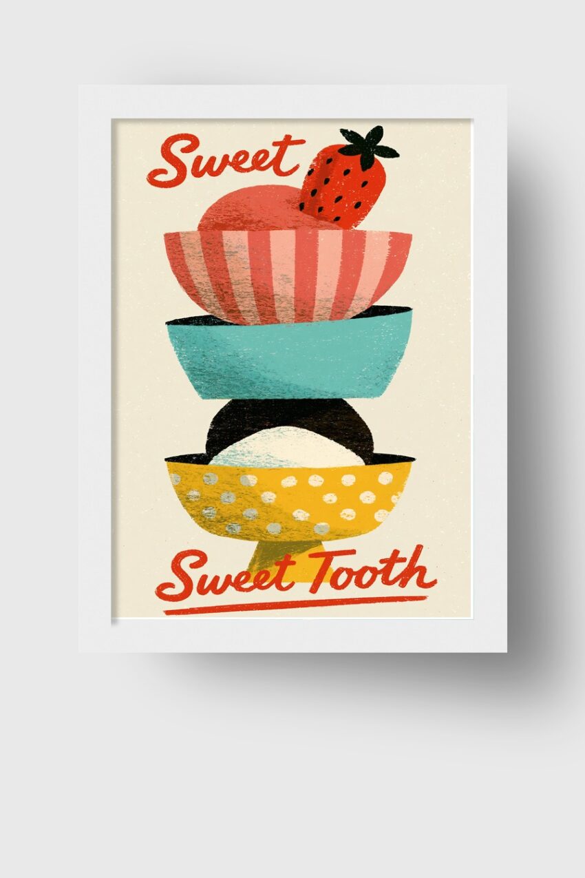 Illustration Poster Eis Eiswaffel Erdbeere bunt retro