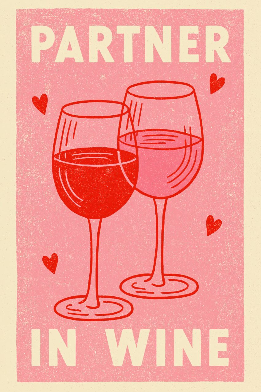 Illustration Poster Weingläser Herz rot rosa minimal