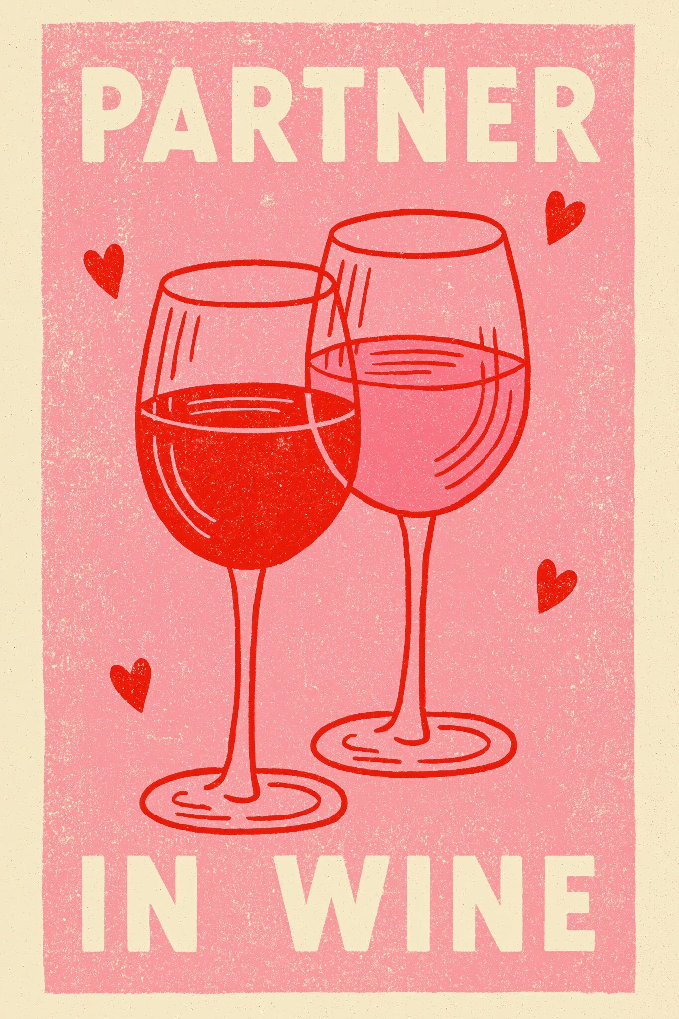 Illustration Poster Weingläser Herz rot rosa minimal